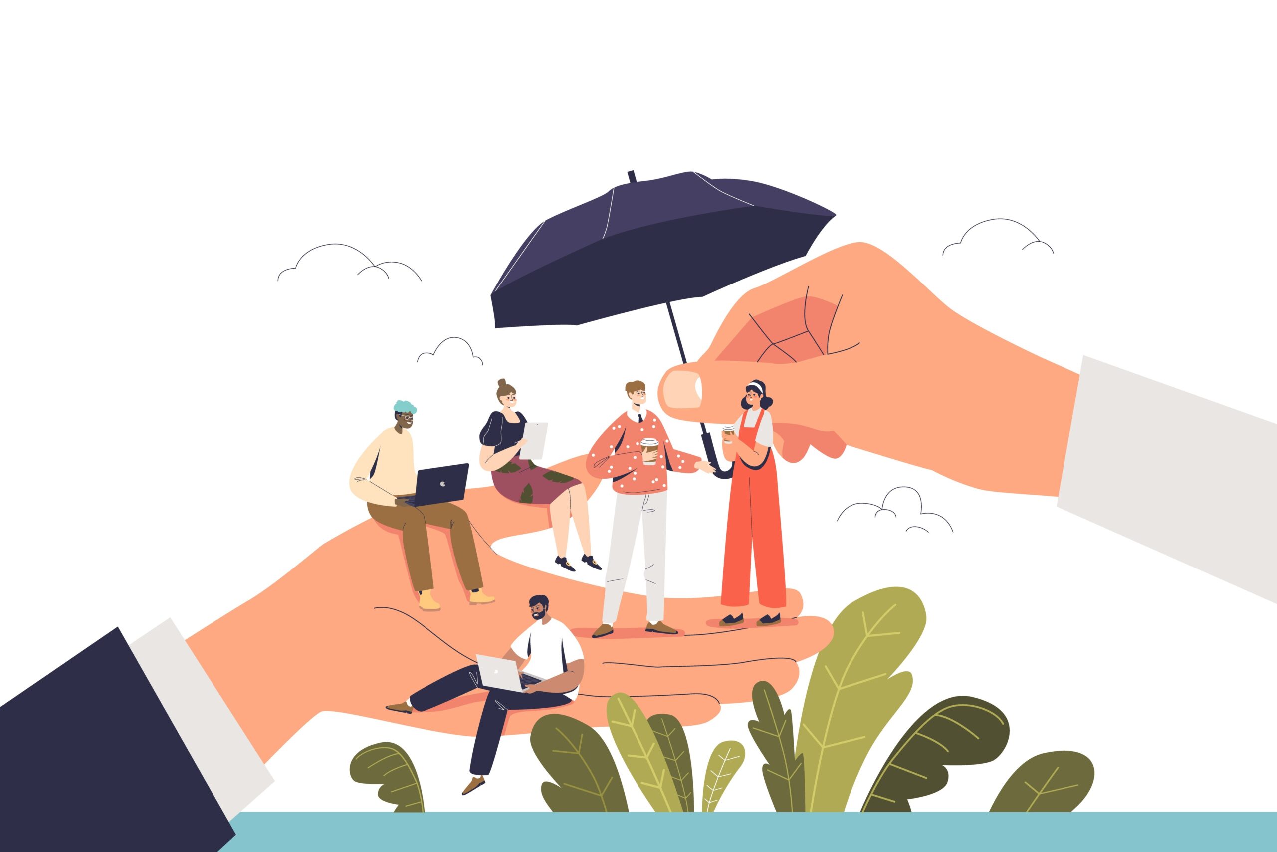 Care for your staff concept of landing page with boss hand holding tiny cartoon office workers. Employee care, wellbeing, good working conditions and protection at workplace. Flat vector illustration